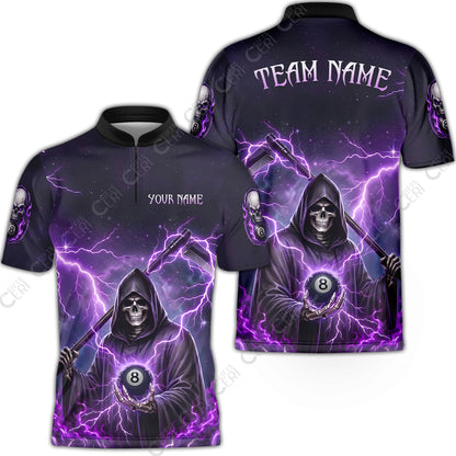 Customized 8 Ball Pool Stand Collar Quarter-Zip Short Sleeve Jersey, Lightning And Flame Grim Reaper With 8 Ball, Personalized Billiards Jersey