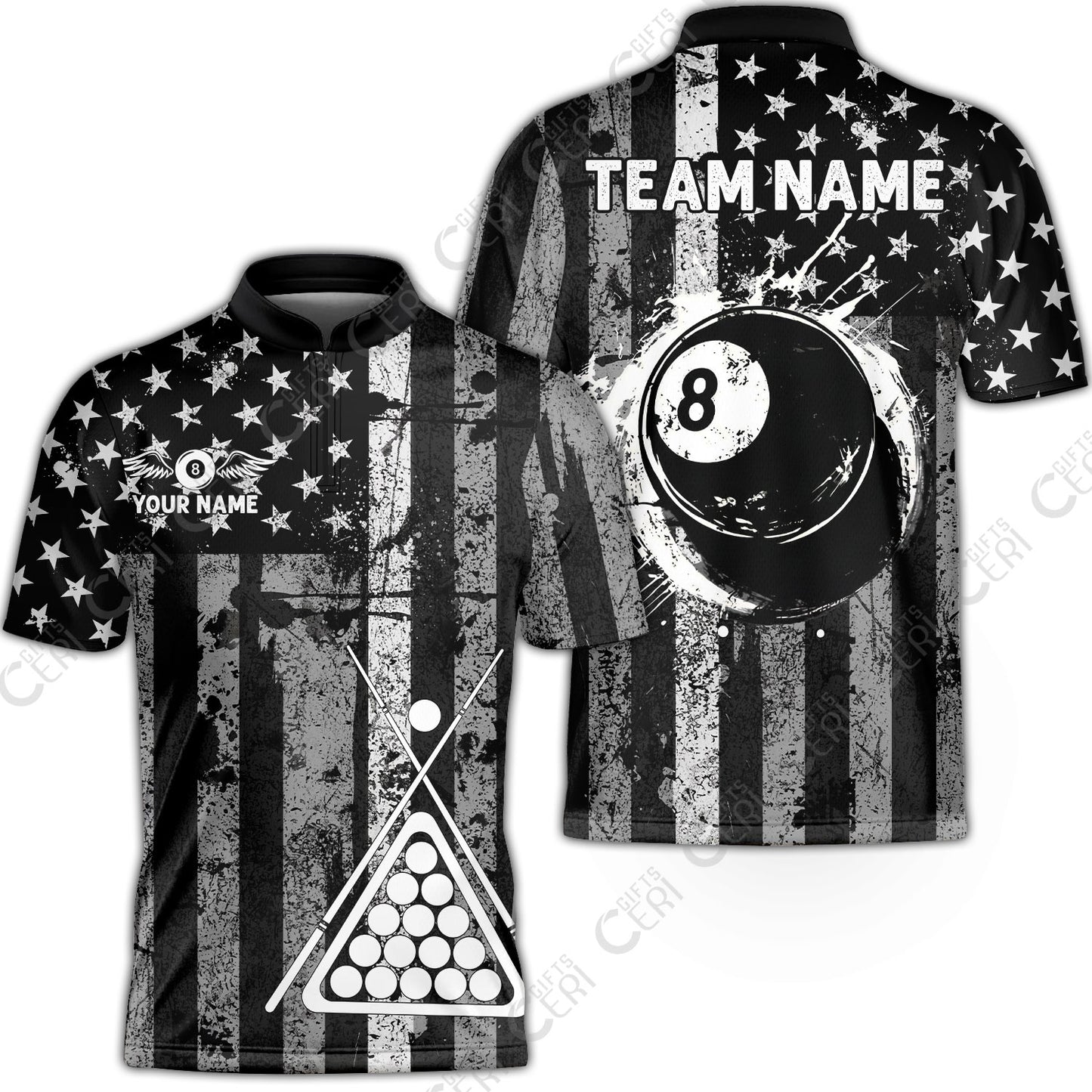Customized 8 Ball Pool Stand Collar Quarter-Zip Short Sleeve Jersey, Distressed American Flag Pattern, Billiards Jerseys
