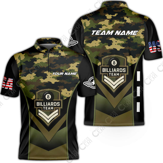 Customized 8 Ball Pool Stand Collar Quarter-Zip Short Sleeve Jersey, Camo Billiards Elite Billiard 8-Ball, Billiards Jerseys