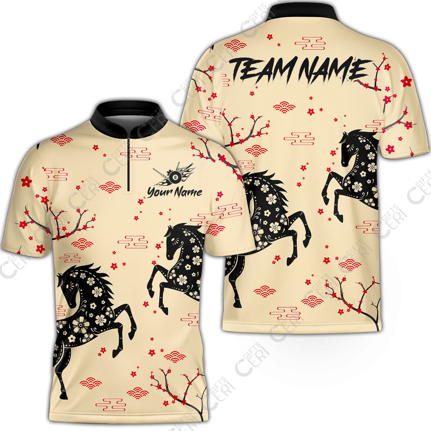 Customized 8 Ball Pool Stand Collar Quarter-Zip Short Sleeve Jersey, Floral Pattern Horse Cherry Blossom, Personalized Billiards Jersey