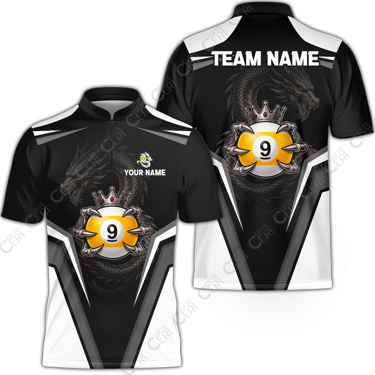 Customized 9 Ball Pool Stand Collar Quarter-Zip Short Sleeve Jersey, Dragon's Holding 9-Ball, Personalized Billiards Jersey