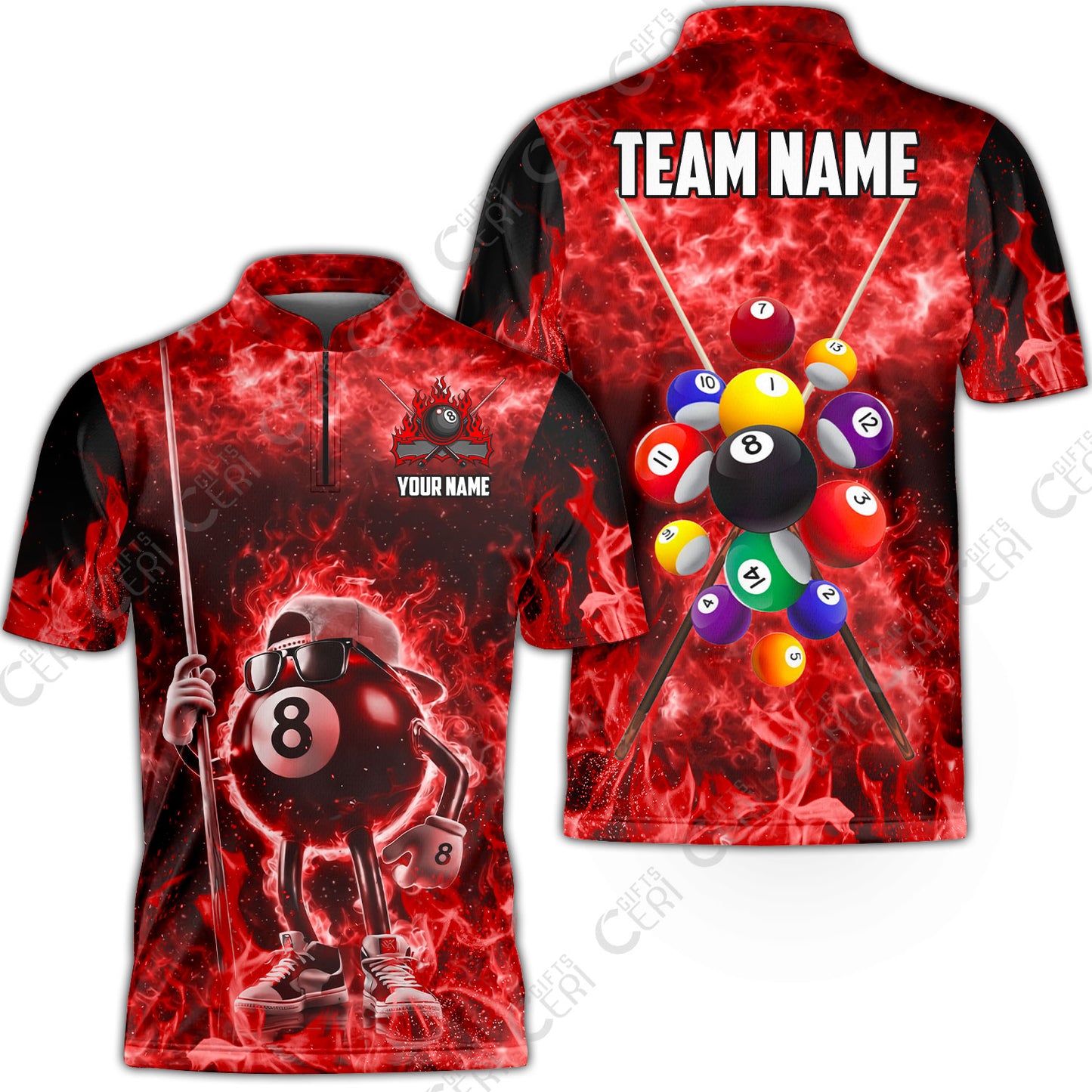 Customized 8 Ball Pool Stand Collar Quarter-Zip Short Sleeve Jersey, 8-Ball Wearing Cap And Sunglasses Flaming Burn, Billiard Jerseys
