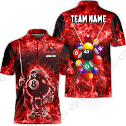 Customized 8 Ball Pool Stand Collar Quarter-Zip Short Sleeve Jersey, 8-Ball Wearing Cap And Sunglasses Flaming Burn, Billiard Jerseys