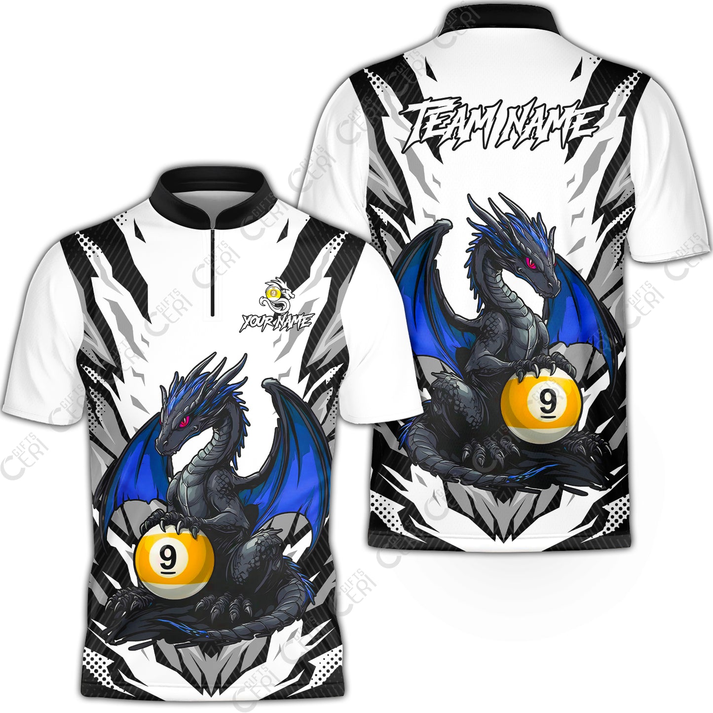 Customized Billiards Stand Collar Quarter-Zip Short Sleeve Jersey, Personalized Baby Dragon 9 Ball Jersey Gift For Billiard Players