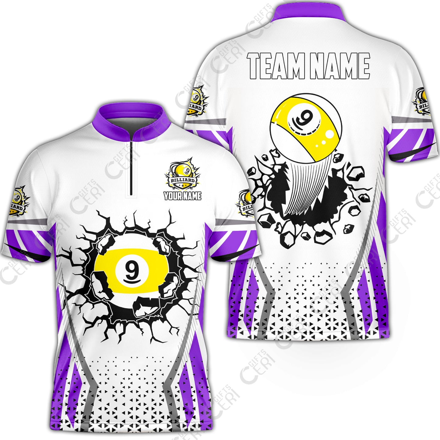 Customized 9 Ball Pool Stand Collar Quarter-Zip Short Sleeve Jersey, Billiard Triangle Pattern, 9-Ball Breaks The Wall, Billiard Jerseys