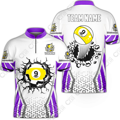 Customized 9 Ball Pool Stand Collar Quarter-Zip Short Sleeve Jersey, Billiard Triangle Pattern, 9-Ball Breaks The Wall, Billiard Jerseys