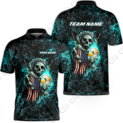 Customized Billiards Stand Collar Quarter-Zip Short Sleeve Jersey, Personalized Ghost Break 9 Ball Jersey Gift For Billiard Players