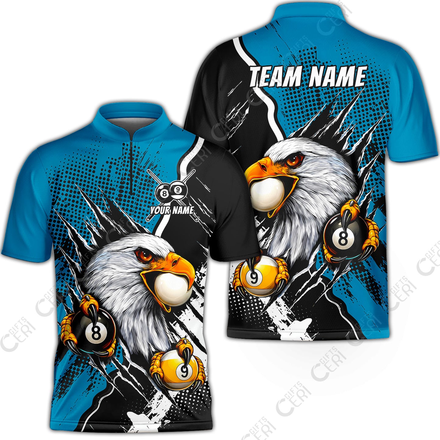 Customized Billiards Stand Collar Quarter-Zip Short Sleeve Jersey, 8 & 9 Ball Billiard Eagle Comic Dot Halftone Background Color, Billiards Jerseys