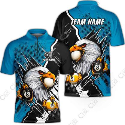 Customized Billiards Stand Collar Quarter-Zip Short Sleeve Jersey, 8 & 9 Ball Billiard Eagle Comic Dot Halftone Background Color, Billiards Jerseys