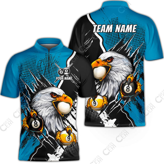 Customized Billiards Stand Collar Quarter-Zip Short Sleeve Jersey, 8 & 9 Ball Billiard Eagle Comic Dot Halftone Background Color, Billiards Jerseys