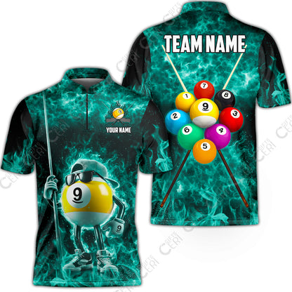 Customized 9 Ball Pool Stand Collar Quarter-Zip Short Sleeve Jersey, 9-Ball Wearing Cap And Sunglasses Flaming Burn, Billiard Jerseys