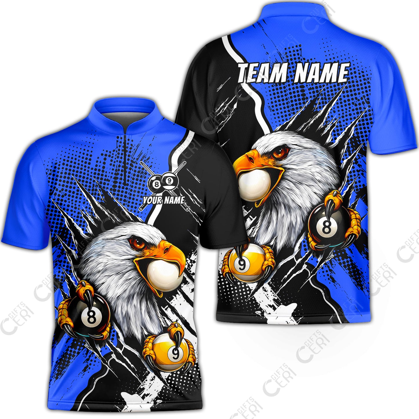 Customized Billiards Stand Collar Quarter-Zip Short Sleeve Jersey, 8 & 9 Ball Billiard Eagle Comic Dot Halftone Background Color, Billiards Jerseys