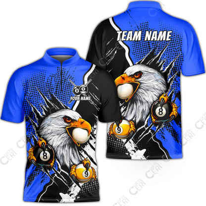 Customized Billiards Stand Collar Quarter-Zip Short Sleeve Jersey, 8 & 9 Ball Billiard Eagle Comic Dot Halftone Background Color, Billiards Jerseys