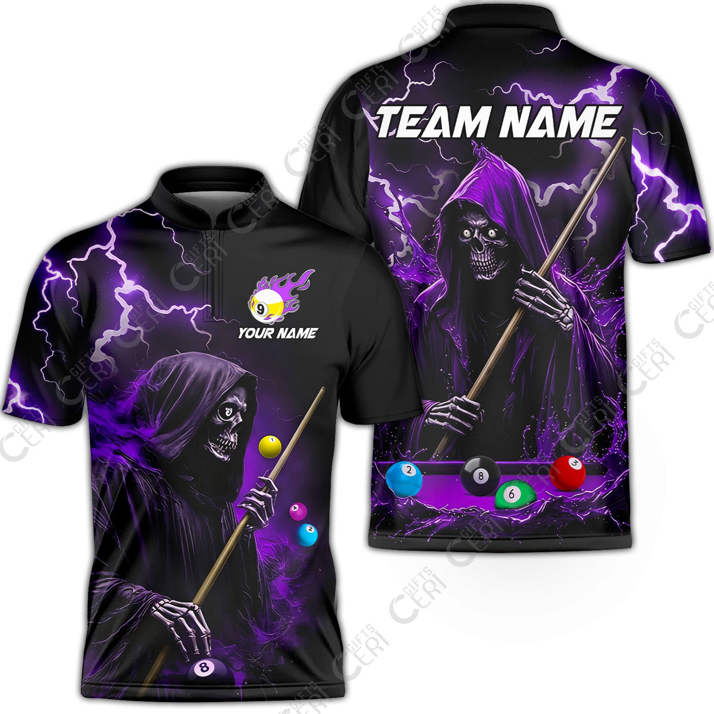 Customized 9 Ball Pool Stand Collar Quarter-Zip Short Sleeve Jersey, The Death Plays Billiards 9-Ball Flame, Billiards Jerseys