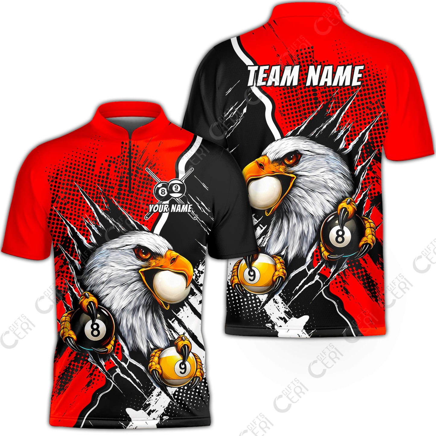 Customized Billiards Stand Collar Quarter-Zip Short Sleeve Jersey, 8 & 9 Ball Billiard Eagle Comic Dot Halftone Background Color, Billiards Jerseys