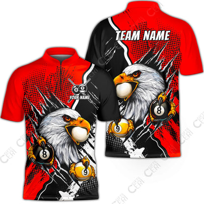 Customized Billiards Stand Collar Quarter-Zip Short Sleeve Jersey, 8 & 9 Ball Billiard Eagle Comic Dot Halftone Background Color, Billiards Jerseys