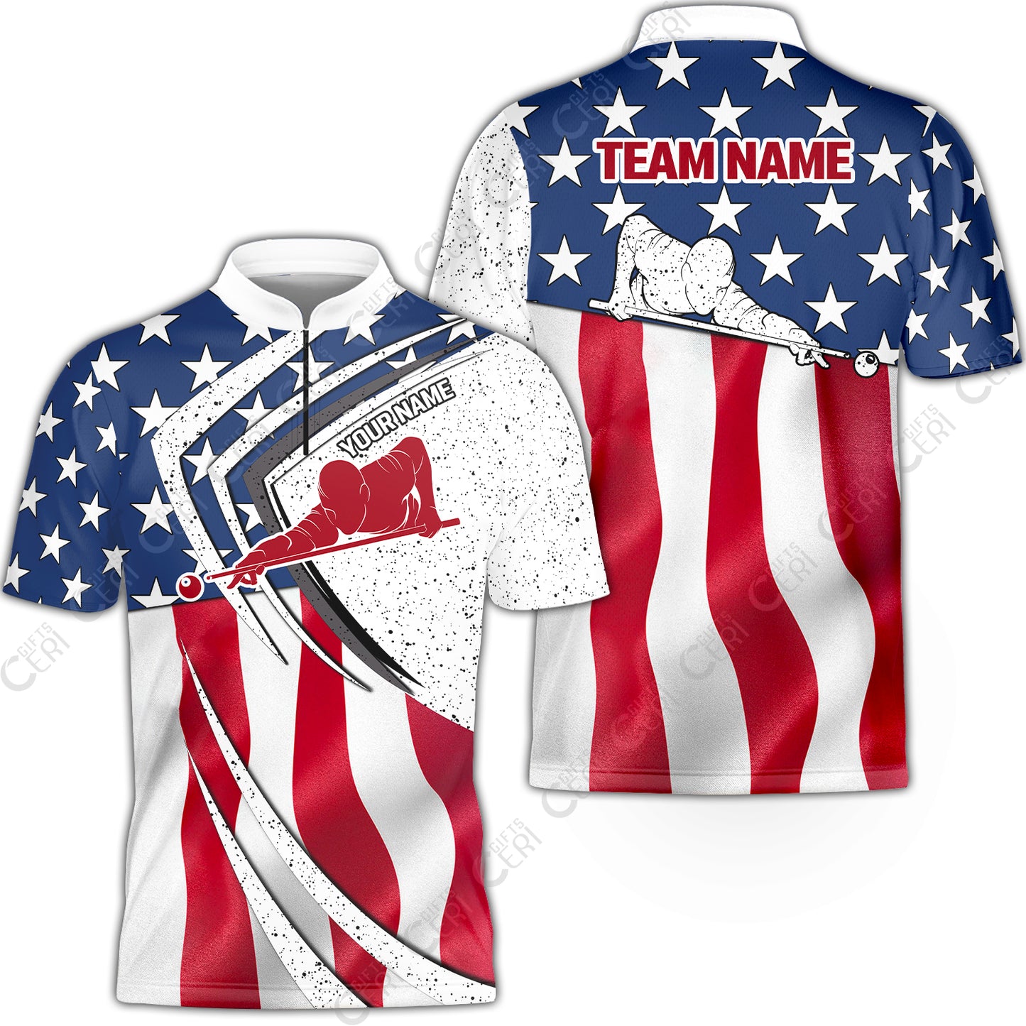 Customized Billiards Stand Collar Quarter-Zip Short Sleeve Jersey, Billiards Player Silhouette With American Flag, Billiards Jerseys
