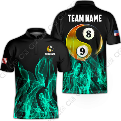 Customized Billiard Stand Collar Quarter-Zip Short Sleeve Jersey, Billiard 8-Ball And 9-Ball Yin-Yang Flame, Billiard Jerseys