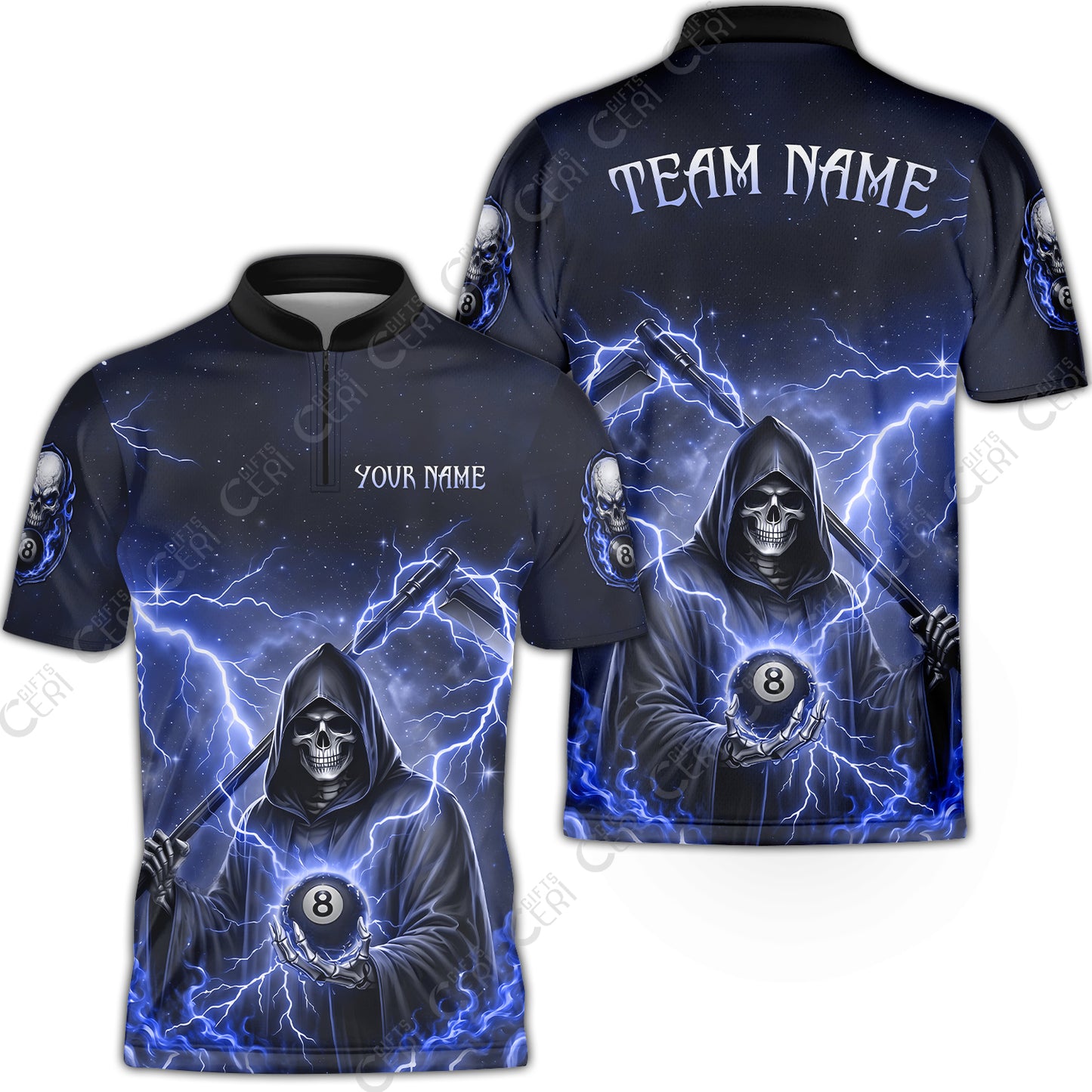 Customized 8 Ball Pool Stand Collar Quarter-Zip Short Sleeve Jersey, Lightning And Flame Grim Reaper With 8 Ball, Personalized Billiards Jersey