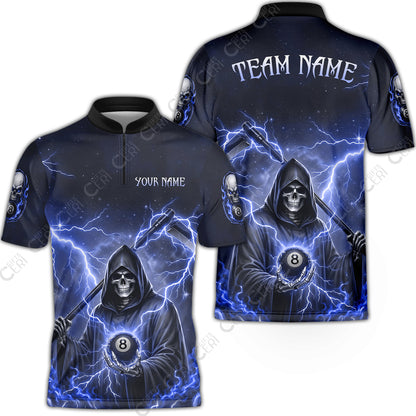 Customized 8 Ball Pool Stand Collar Quarter-Zip Short Sleeve Jersey, Lightning And Flame Grim Reaper With 8 Ball, Personalized Billiards Jersey