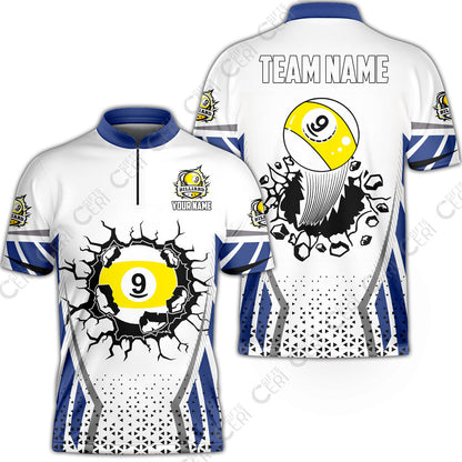 Customized 9 Ball Pool Stand Collar Quarter-Zip Short Sleeve Jersey, Billiard Triangle Pattern, 9-Ball Breaks The Wall, Billiard Jerseys