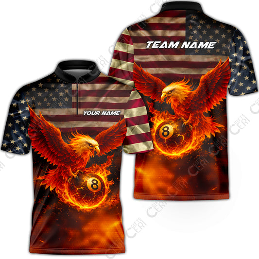 Customized 8 Ball Pool Stand Collar Quarter-Zip Short Sleeve Jersey, Billiards 8-Ball American Flag Fire Eagle, Billiards Jerseys