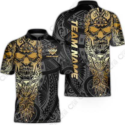 Customized 8 Ball Pool Stand Collar Quarter-Zip Short Sleeve Jersey, 8-Ball Billiard Ethnic Tribal Style Pattern, Billiards Jerseys