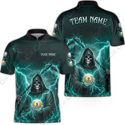 Customized 9 Ball Pool Stand Collar Quarter-Zip Short Sleeve Jersey, Lightning And Flame Grim Reaper With 9 Ball, Personalized Billiards Jersey