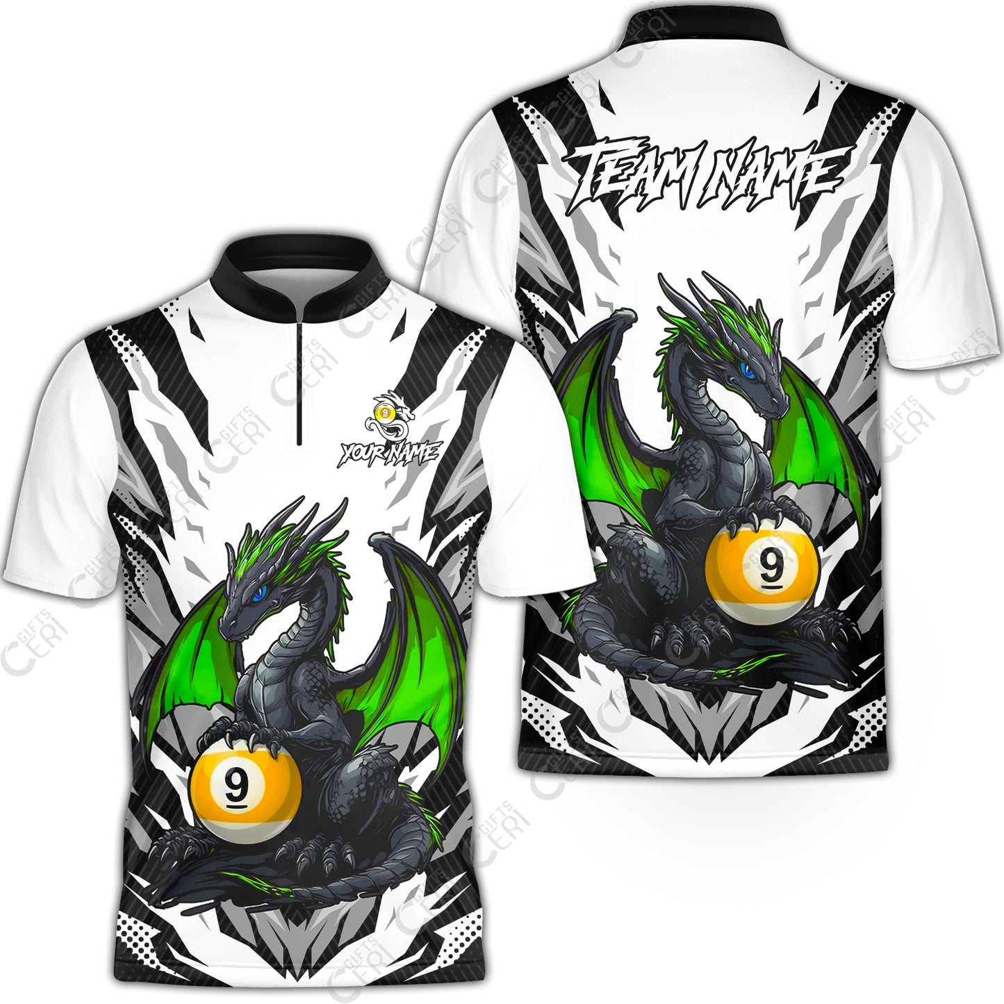 Customized Billiards Stand Collar Quarter-Zip Short Sleeve Jersey, Personalized Baby Dragon 9 Ball Jersey Gift For Billiard Players