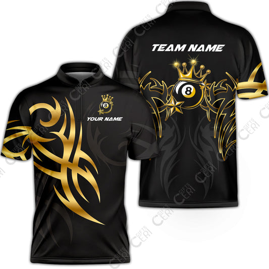Customized 8 Ball Pool Stand Collar Quarter-Zip Short Sleeve Jersey, Billiard 8-Ball Crown And Stars, Billiards Jerseys