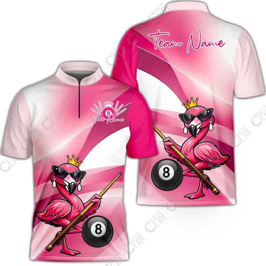 Customized 8 Ball Pool Stand Collar Quarter-Zip Short Sleeve Jersey, Pink Flamingo Billiards 8-Ball, Personalized Billiards Jersey