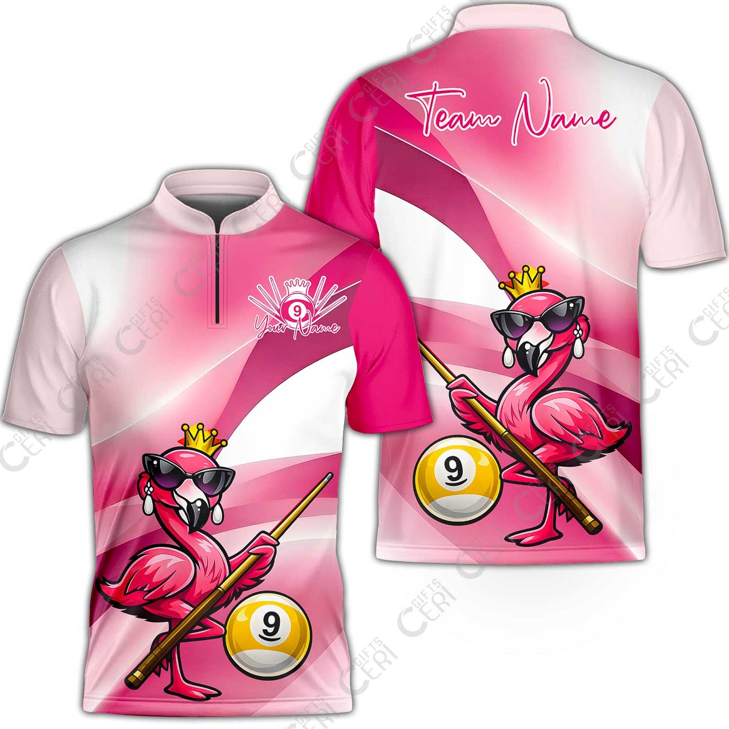 Customized 9 Ball Pool Stand Collar Quarter-Zip Short Sleeve Jersey, Pink Flamingo Billiards 9-Ball, Personalized Billiards Jersey