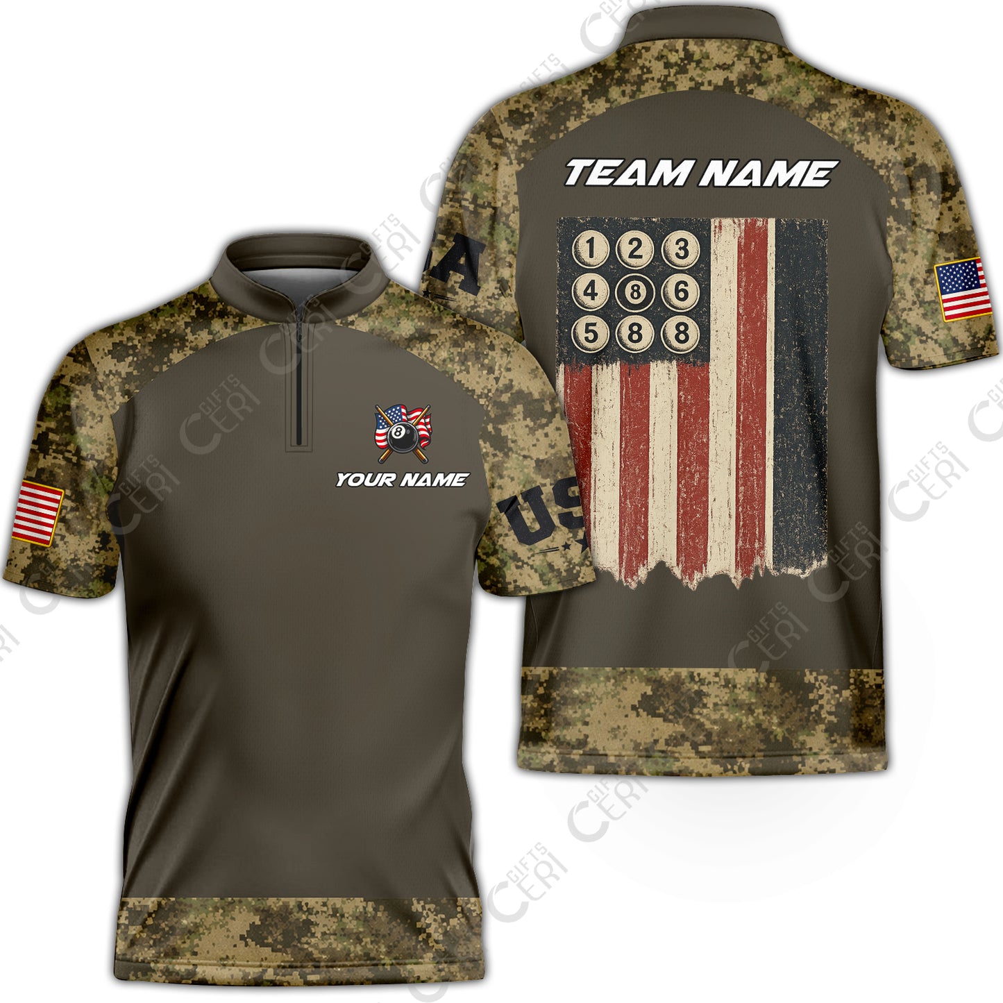 Customized 8 Ball Pool Stand Collar Quarter-Zip Short Sleeve Jersey, Billiard 8-Ball American Pool Warrior, Billiards Jerseys