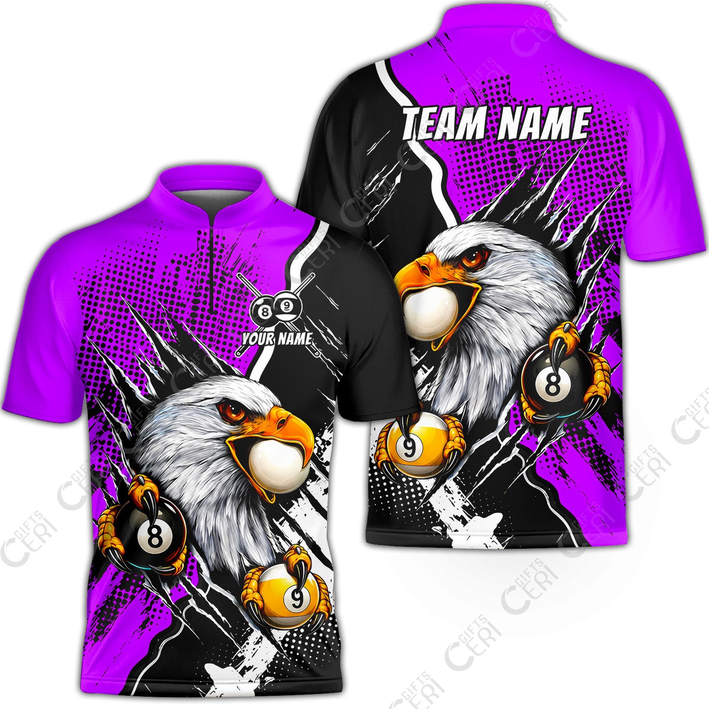 Customized Billiards Stand Collar Quarter-Zip Short Sleeve Jersey, 8 & 9 Ball Billiard Eagle Comic Dot Halftone Background Color, Billiards Jerseys