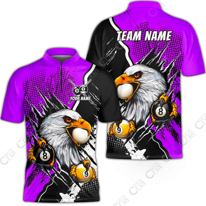 Customized Billiards Stand Collar Quarter-Zip Short Sleeve Jersey, 8 & 9 Ball Billiard Eagle Comic Dot Halftone Background Color, Billiards Jerseys