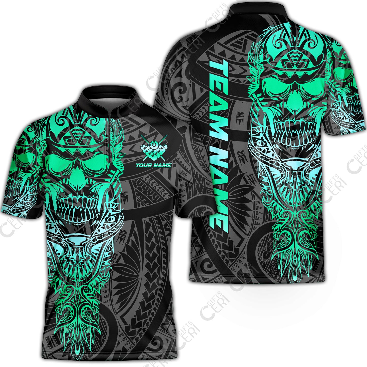 Customized 8 Ball Pool Stand Collar Quarter-Zip Short Sleeve Jersey, 8-Ball Billiard Ethnic Tribal Style Pattern, Billiards Jerseys