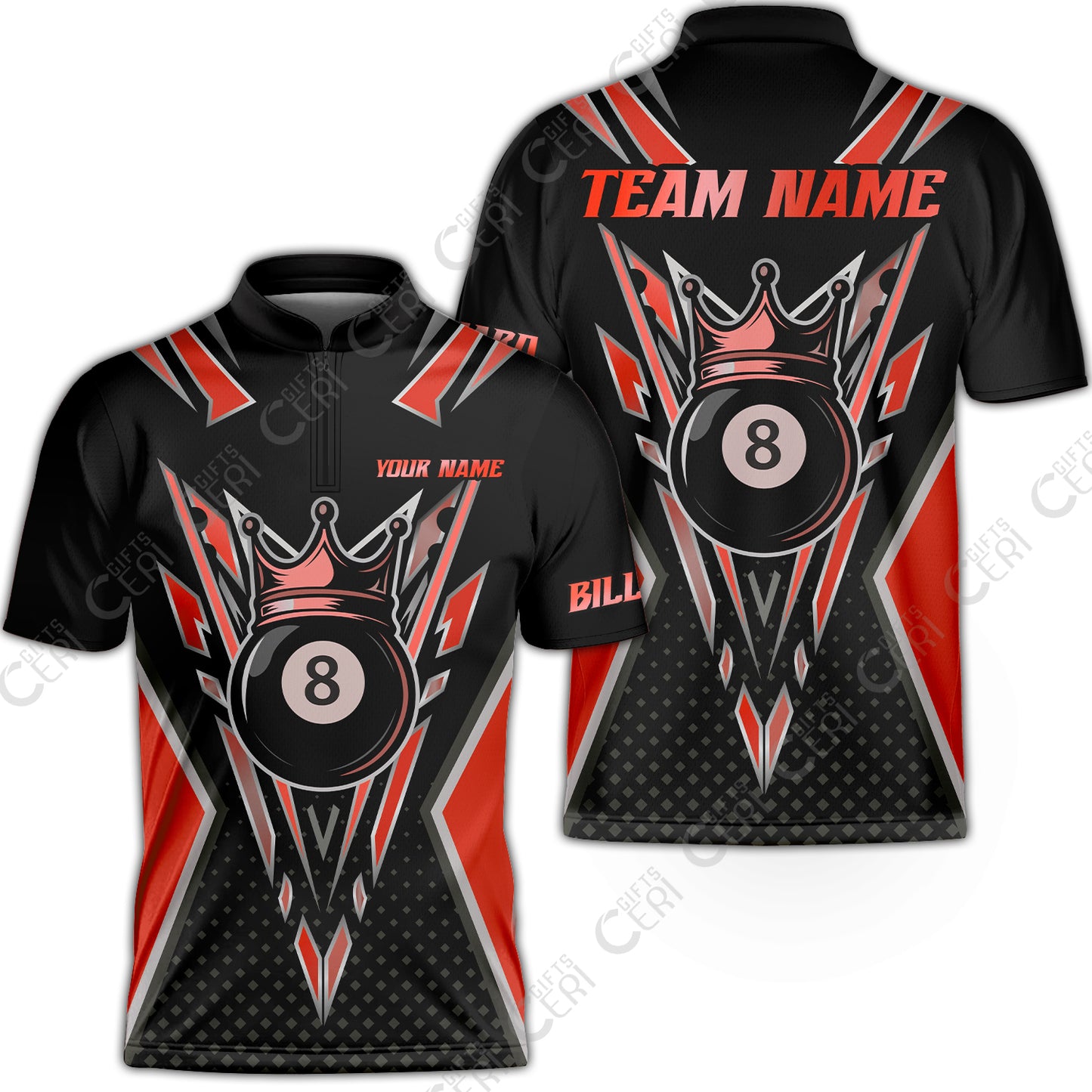 Customized 8 Ball Pool Stand Collar Quarter-Zip Short Sleeve Jersey, Billiard 8-Ball Crown, Billiard Jerseys