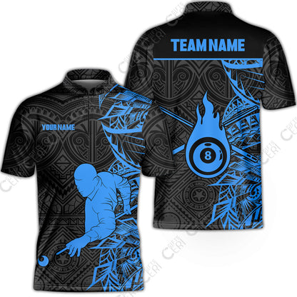 Customized 8 Ball Pool Stand Collar Quarter-Zip Short Sleeve Jersey, 8-Ball Billiards Tattoo Pattern, Billiards Jerseys
