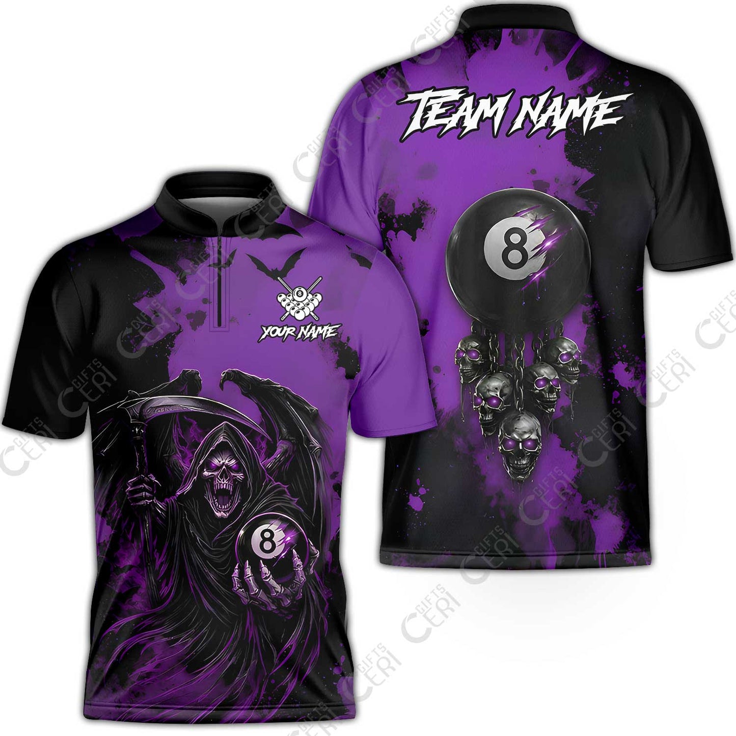 Customized 8 Ball Pool Stand Collar Quarter-Zip Short Sleeve Jersey, Billiard Death Skull Paint Splash, Billiards Jersey