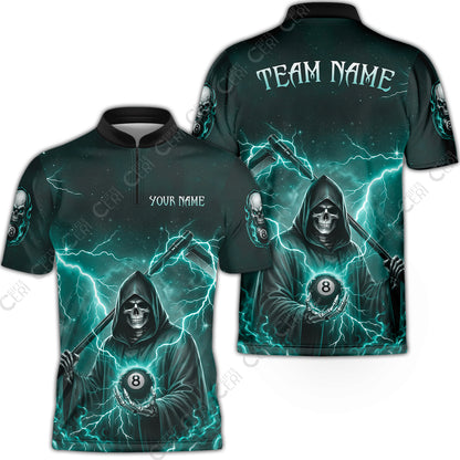 Customized 8 Ball Pool Stand Collar Quarter-Zip Short Sleeve Jersey, Lightning And Flame Grim Reaper With 8 Ball, Personalized Billiards Jersey