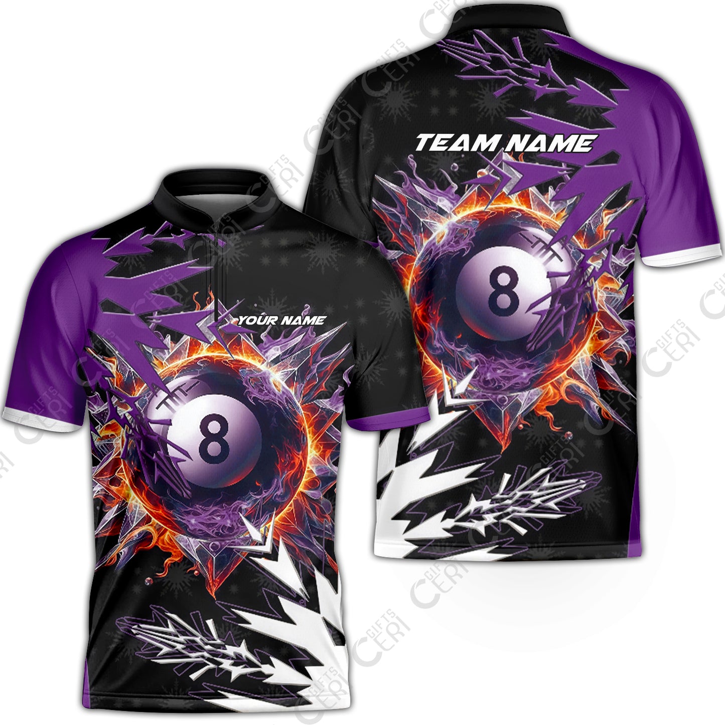 Customized Billiards Stand Collar Quarter-Zip Short Sleeve Jersey, Personalized Frostfire 8 Ball Jersey Gift For Billiard Players