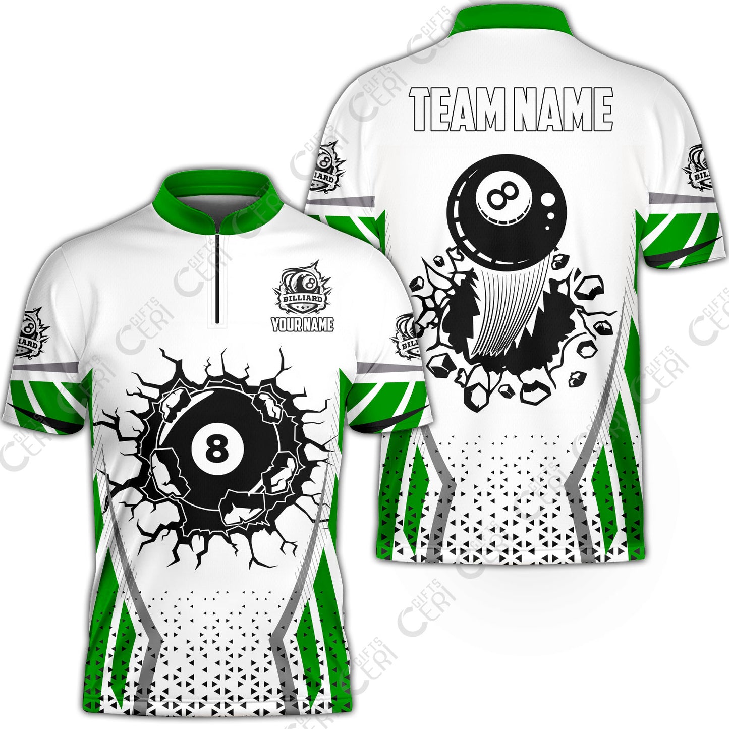 Customized 8 Ball Pool Stand Collar Quarter-Zip Short Sleeve Jersey, Billiard Triangle Pattern, 8-Ball Breaks The Wall, Billiard Jerseys