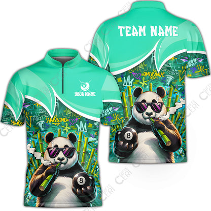 Customized 8 Ball Pool Stand Collar Quarter-Zip Short Sleeve Jersey, 8-Ball Panda Bamboo Billiards, Billiards Jerseys