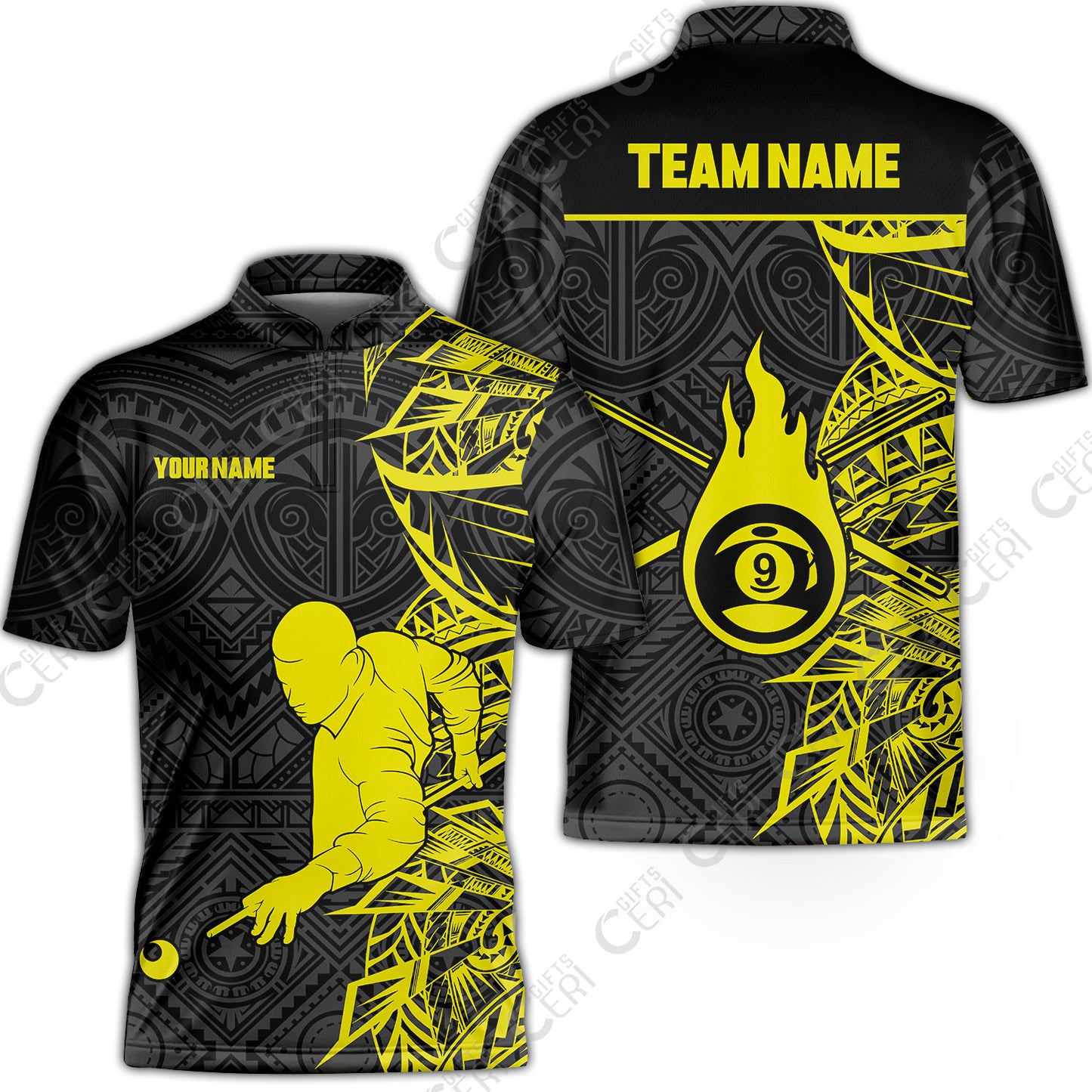 Customized 9 Ball Pool Stand Collar Quarter-Zip Short Sleeve Jersey, 9-Ball Billiards Tattoo Pattern, Billiards Jerseys