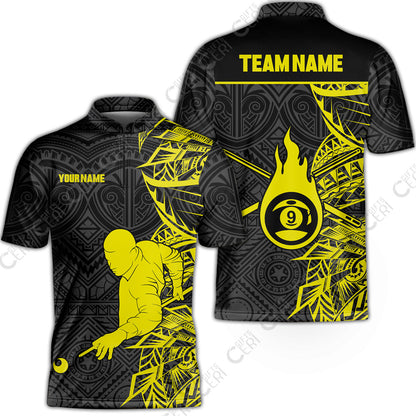 Customized 9 Ball Pool Stand Collar Quarter-Zip Short Sleeve Jersey, 9-Ball Billiards Tattoo Pattern, Billiards Jerseys