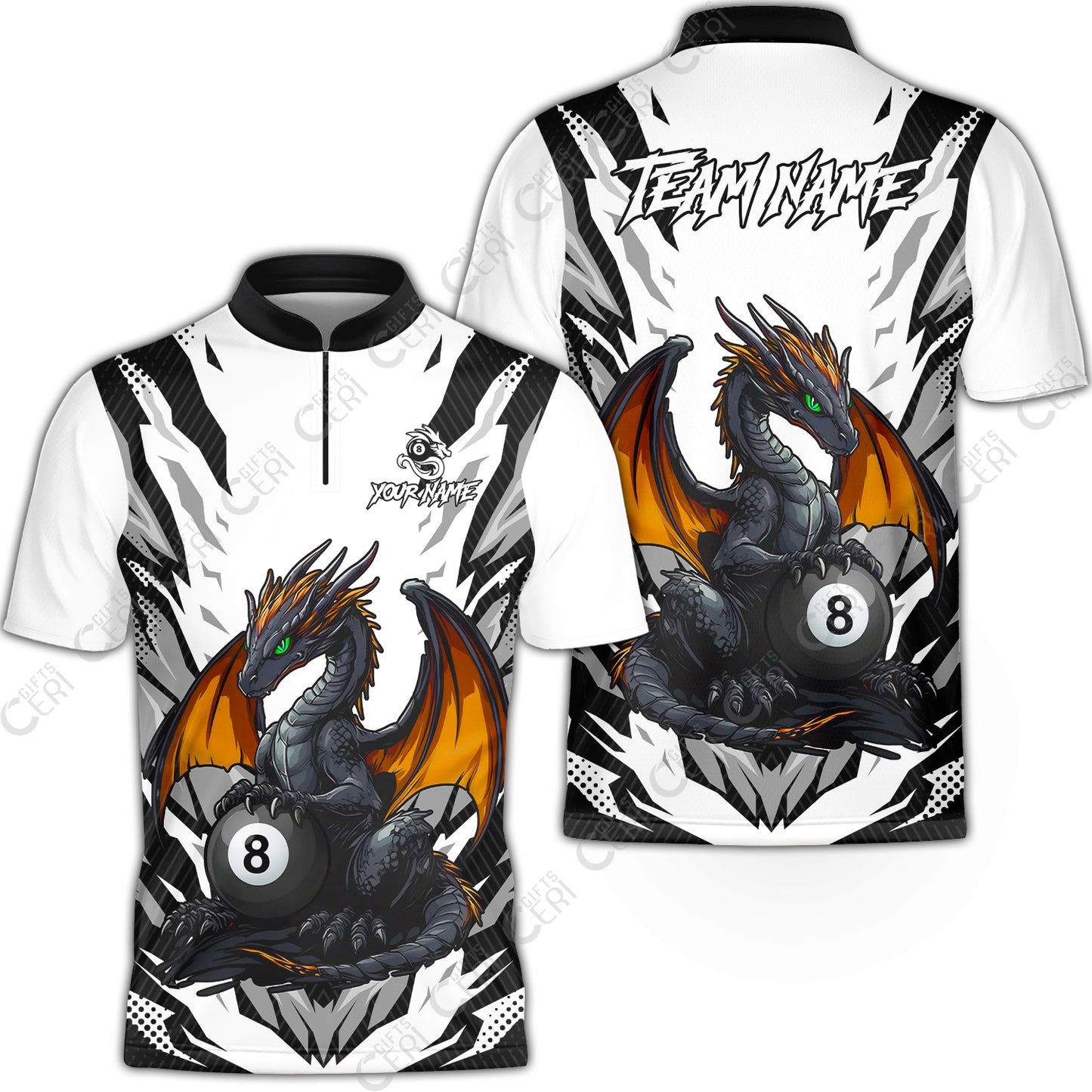 Customized Billiards Stand Collar Quarter-Zip Short Sleeve Jersey, Personalized Baby Dragon 8 Ball Jersey Gift For Billiard Players