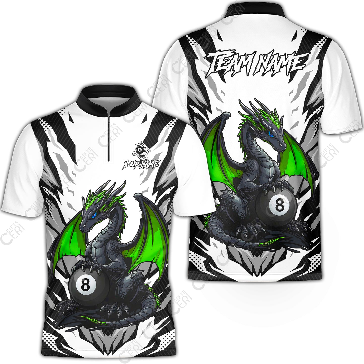 Customized Billiards Stand Collar Quarter-Zip Short Sleeve Jersey, Personalized Baby Dragon 8 Ball Jersey Gift For Billiard Players