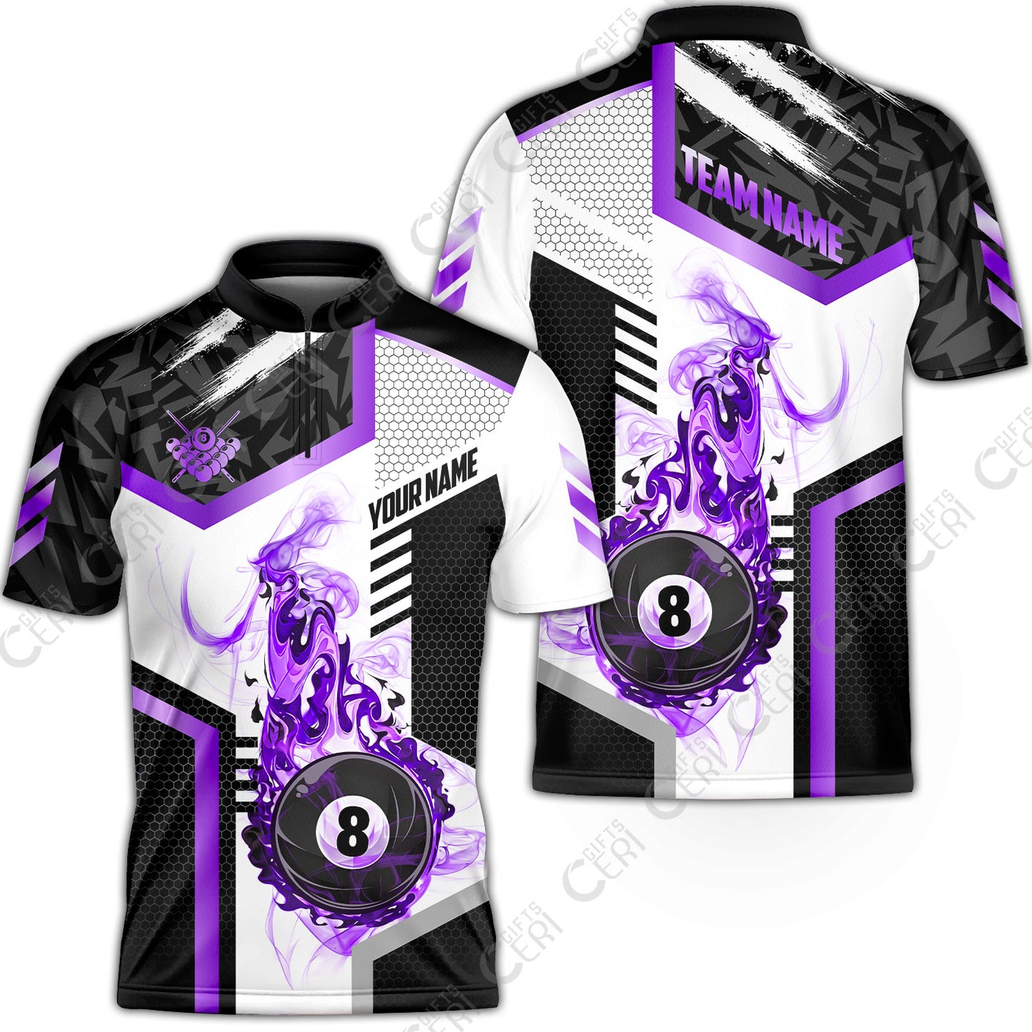 Customized Billiards Stand Collar Quarter-Zip Short Sleeve Jersey, Flaming 8-Ball Graphic, 8 Ball Pool Jersey