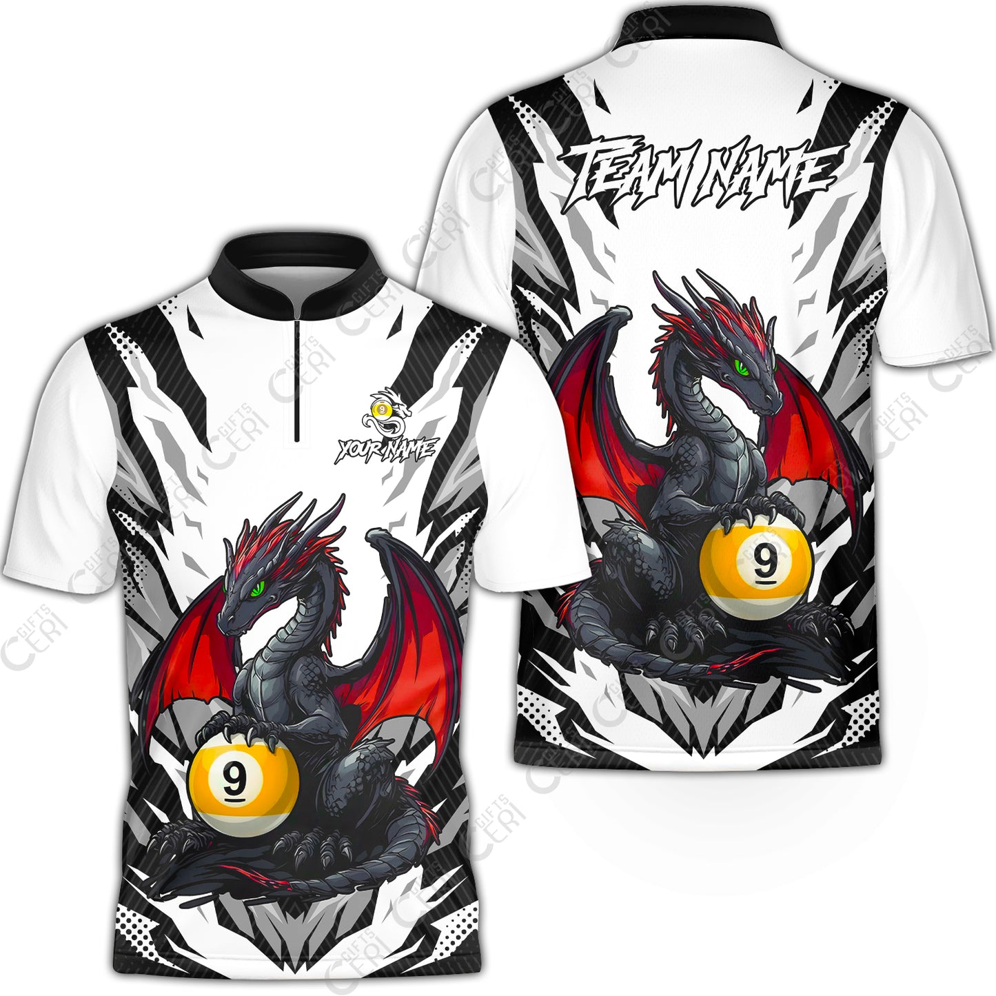 Customized Billiards Stand Collar Quarter-Zip Short Sleeve Jersey, Personalized Baby Dragon 9 Ball Jersey Gift For Billiard Players