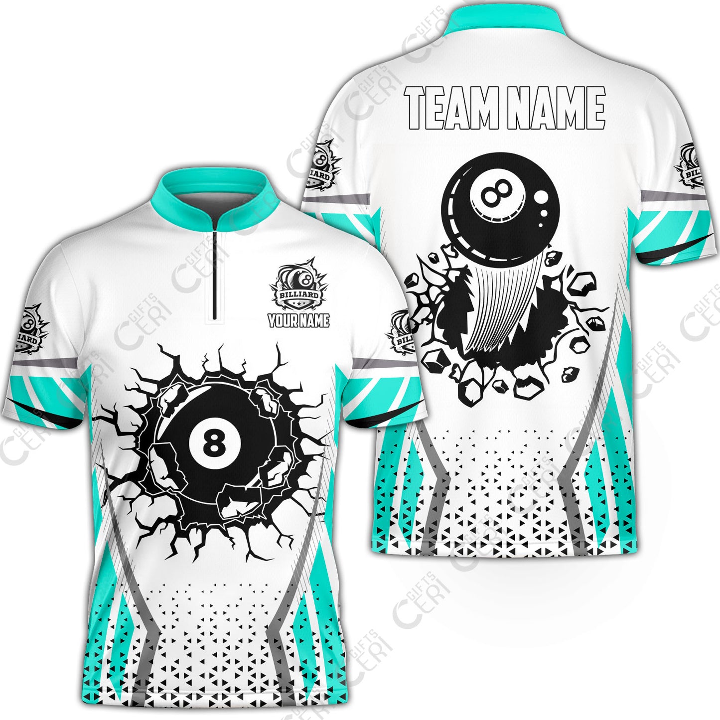 Customized 8 Ball Pool Stand Collar Quarter-Zip Short Sleeve Jersey, Billiard Triangle Pattern, 8-Ball Breaks The Wall, Billiard Jerseys